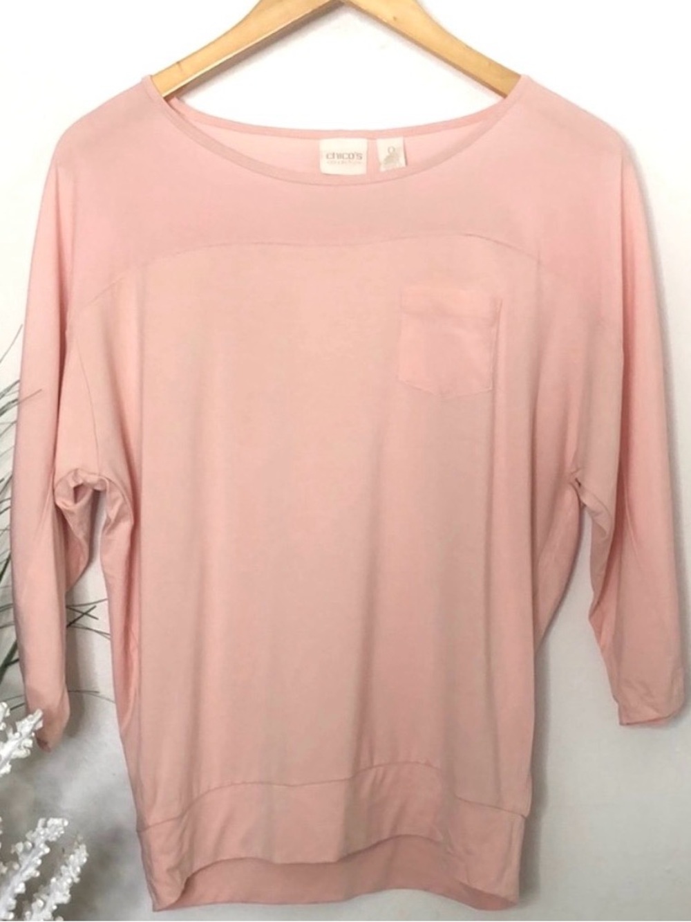 CHICOS Blush Pink Stretch Rayon Spandex Loose Knit Blouse‎ Top w Pocket Sz S/4